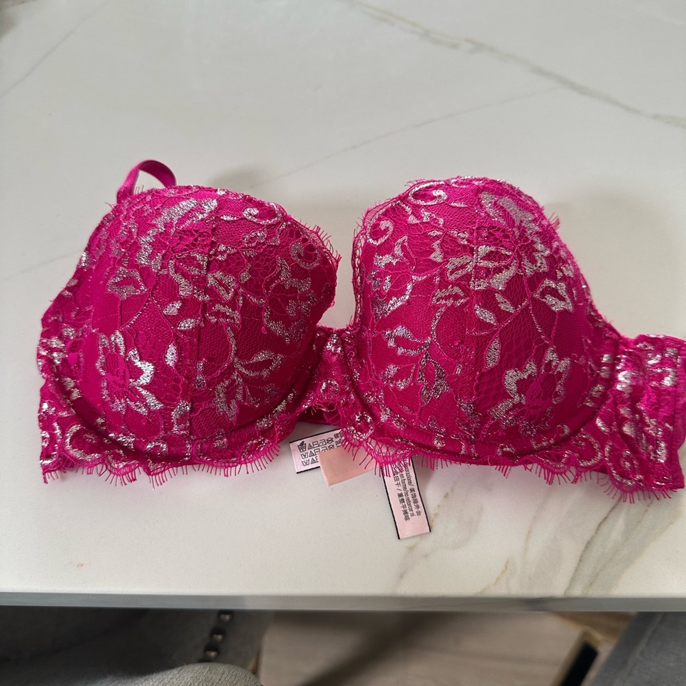 Victoria's Secret Fuchsia and Silver Lace Bra